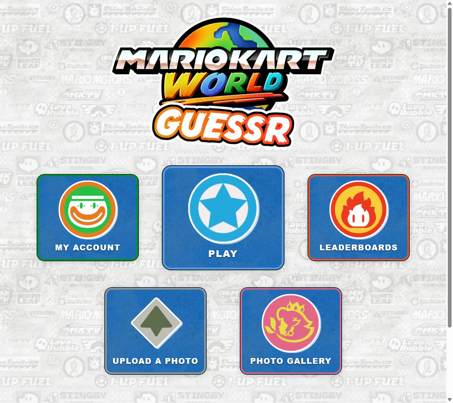 A round of Mario Kart World Guessr showing the photo to locate and the interactive map.