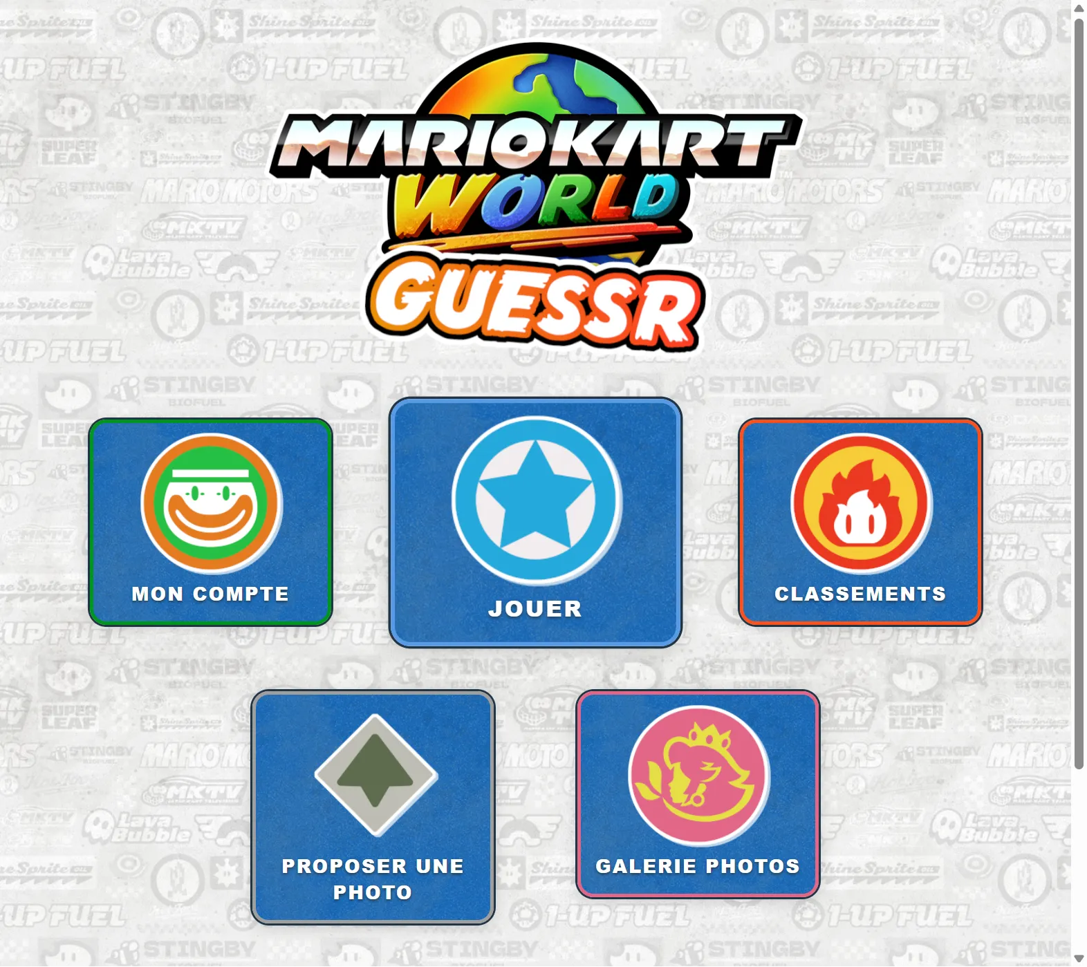 Une partie de Mario Kart World Guessr : la photo à localiser et la carte interactive.