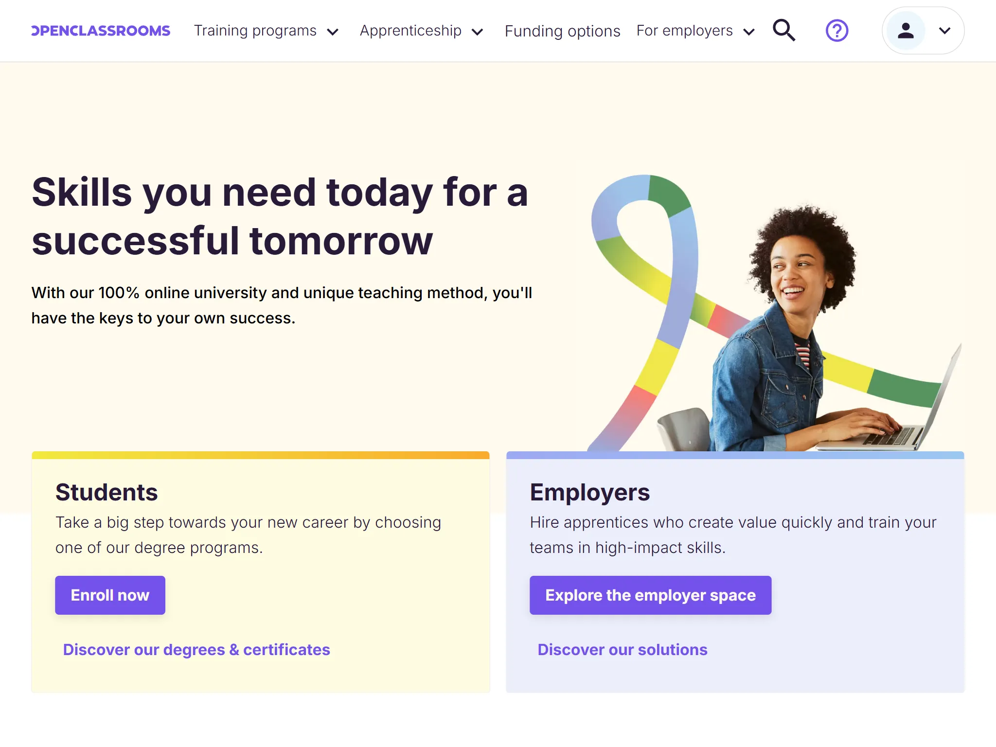 The public OpenClassrooms homepage in English.