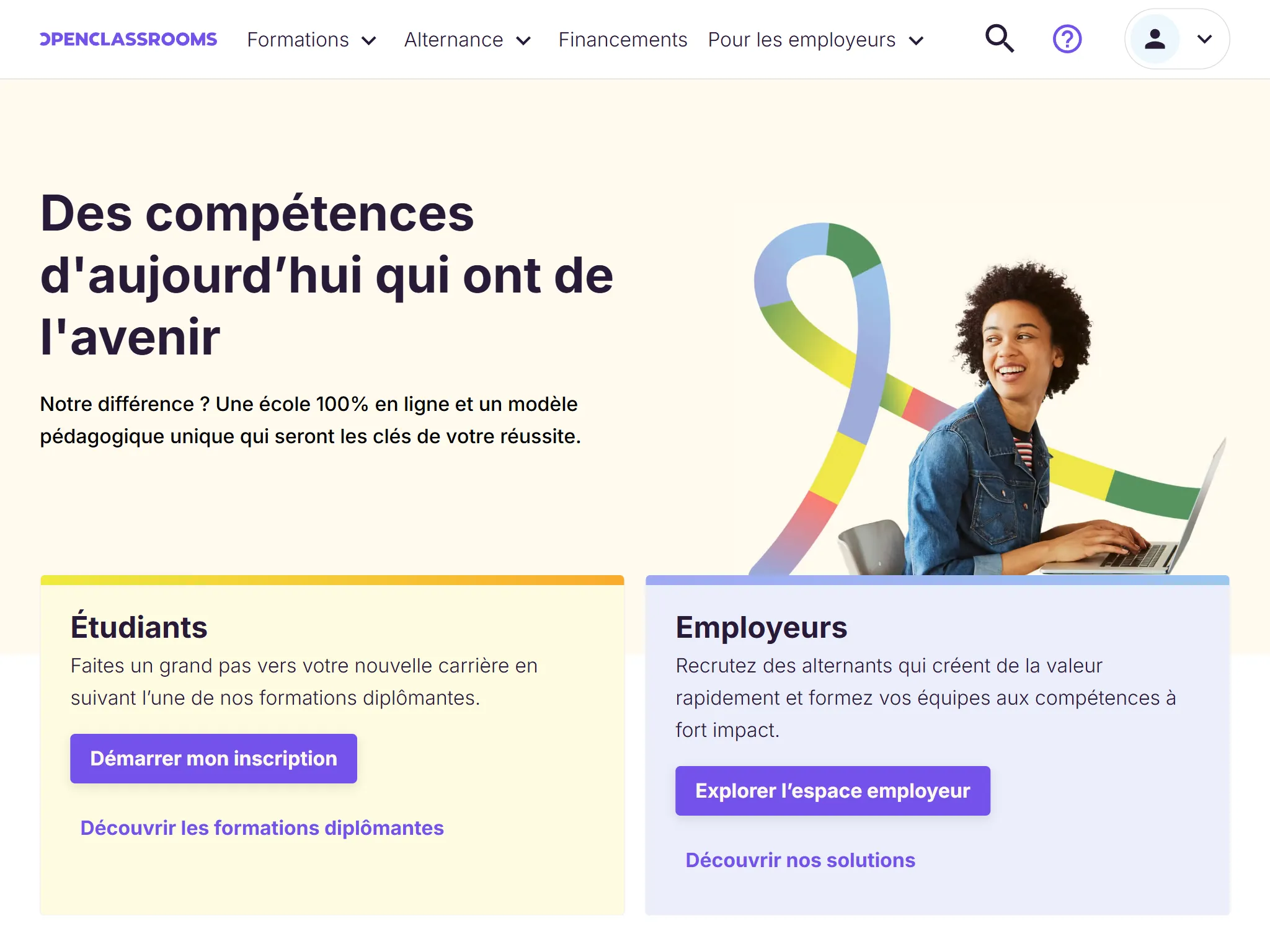La page d'accueil publique d'OpenClassrooms en français.