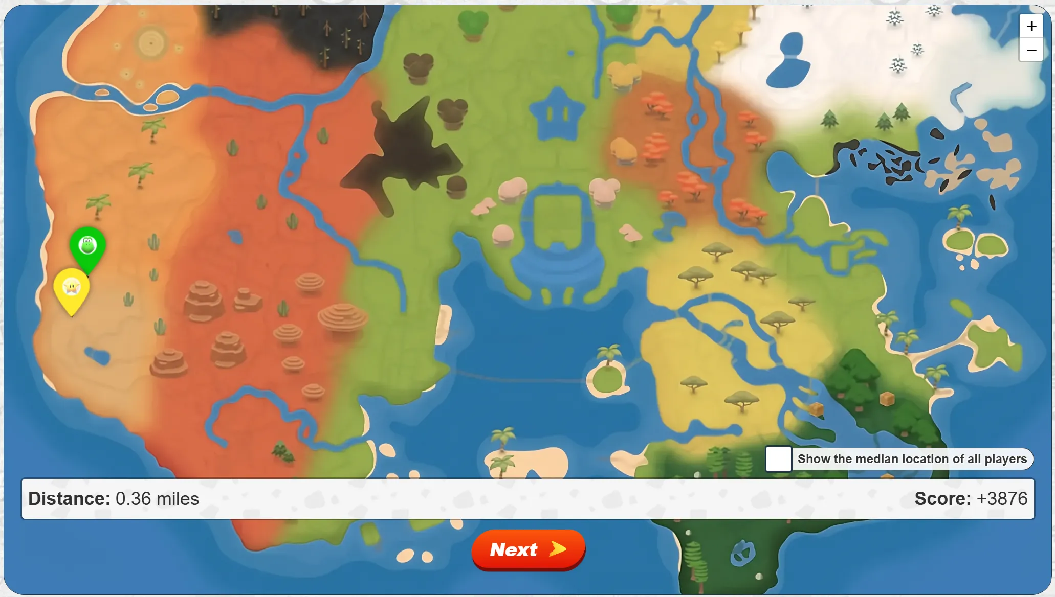 A round result showing the player's guess, the actual location and the score.