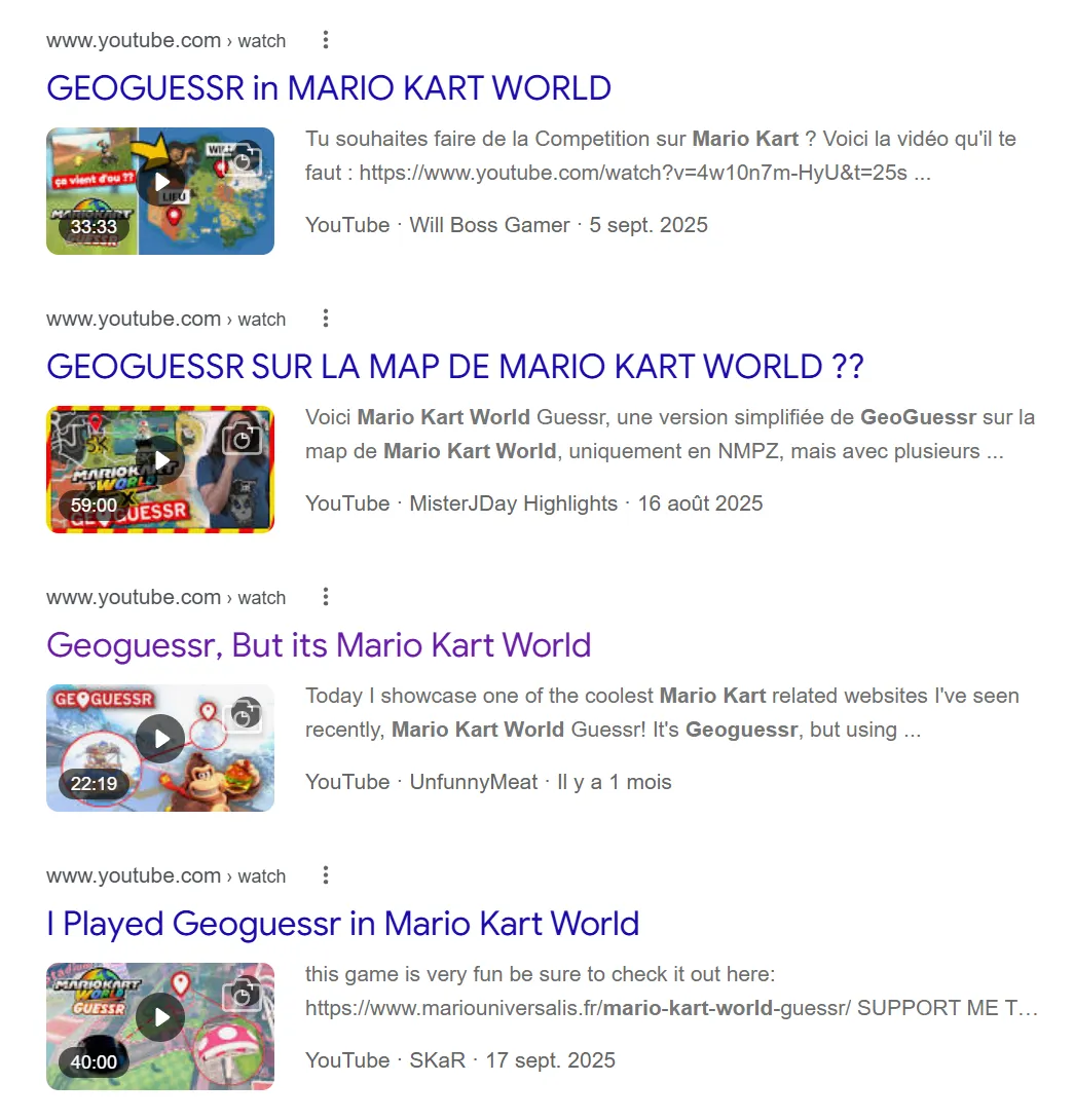A selection of videos from international players featuring Mario Kart World Guessr.